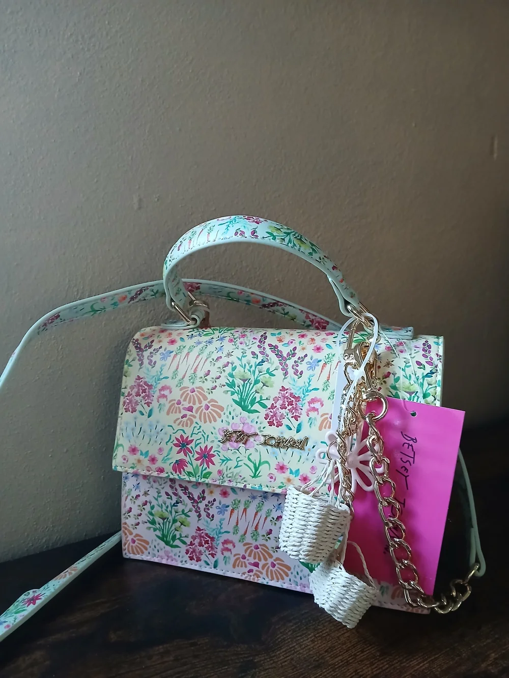 NEW Betsy Johnson Floral Top-Handle Crossbody Bag - Pink & Mint